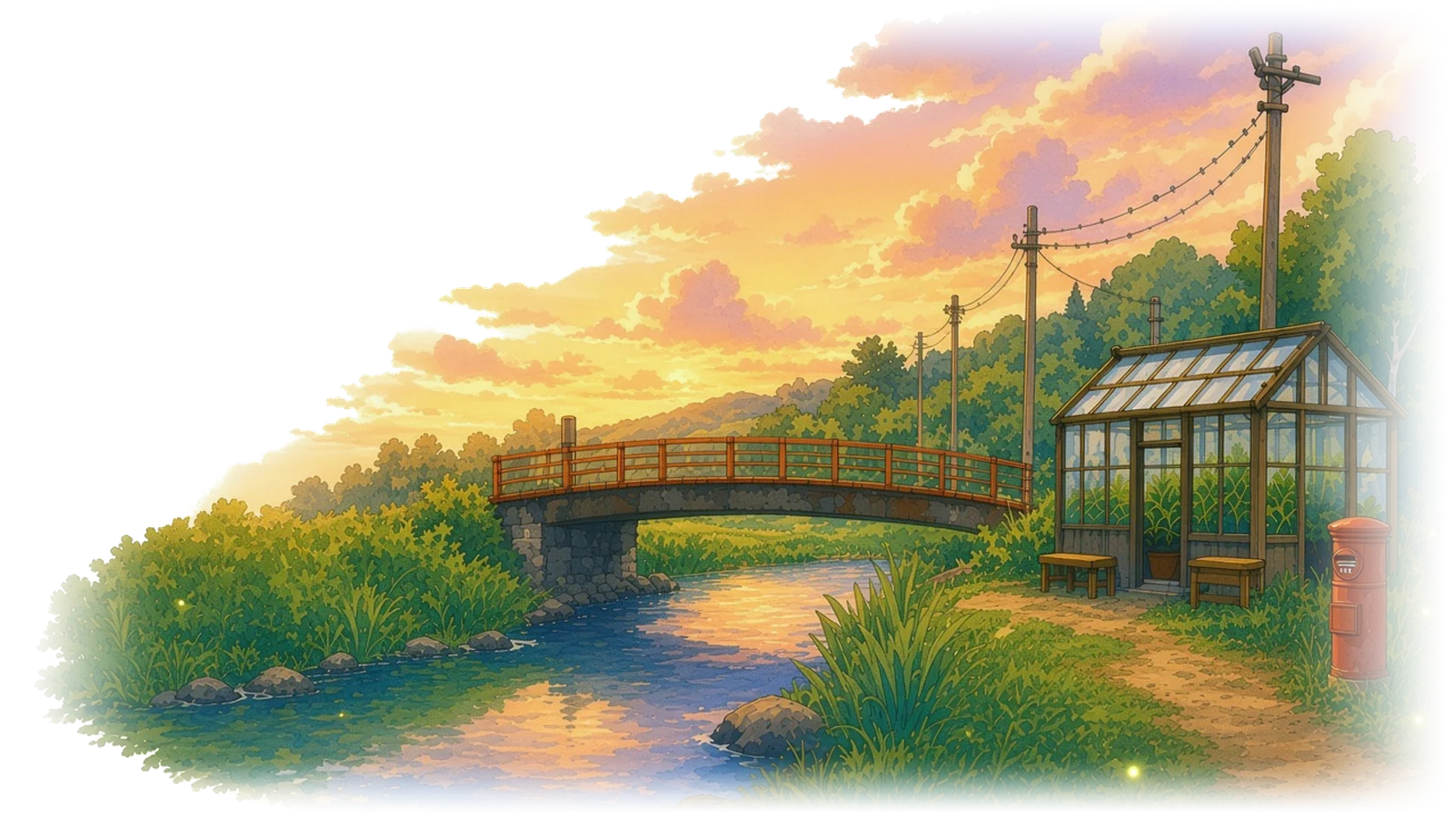 The same river and footbridge at sunset, with fireflies over the grass and a red post box beside the path.